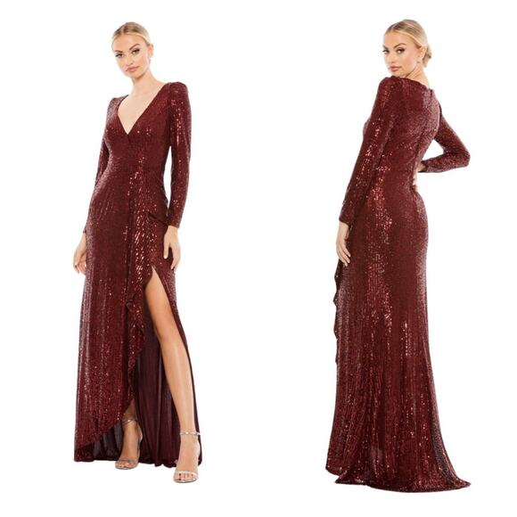 NWT IEENA for MAC DUGGAL 26395 Wine Sequin Wrap Evening Gown Women’s - Picture 1 of 10